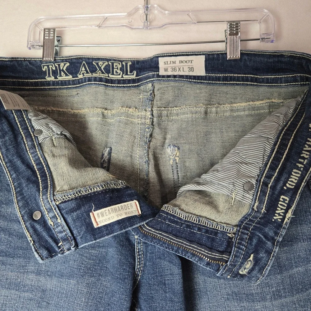 TK Axel Slim Boot Jeans 36x30 Blue Medium Wash Whiskered Stretch Denim #1339